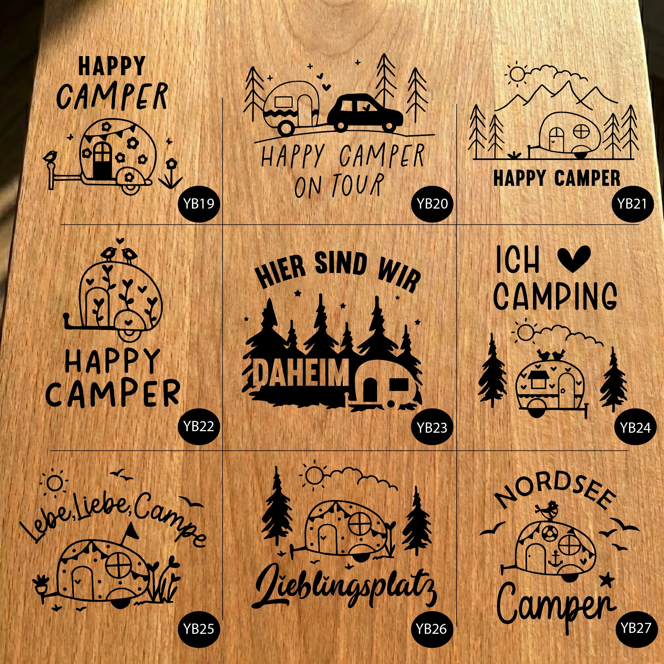 Gartenfackel aus Eiche – 20 cm – Motiv: Camping