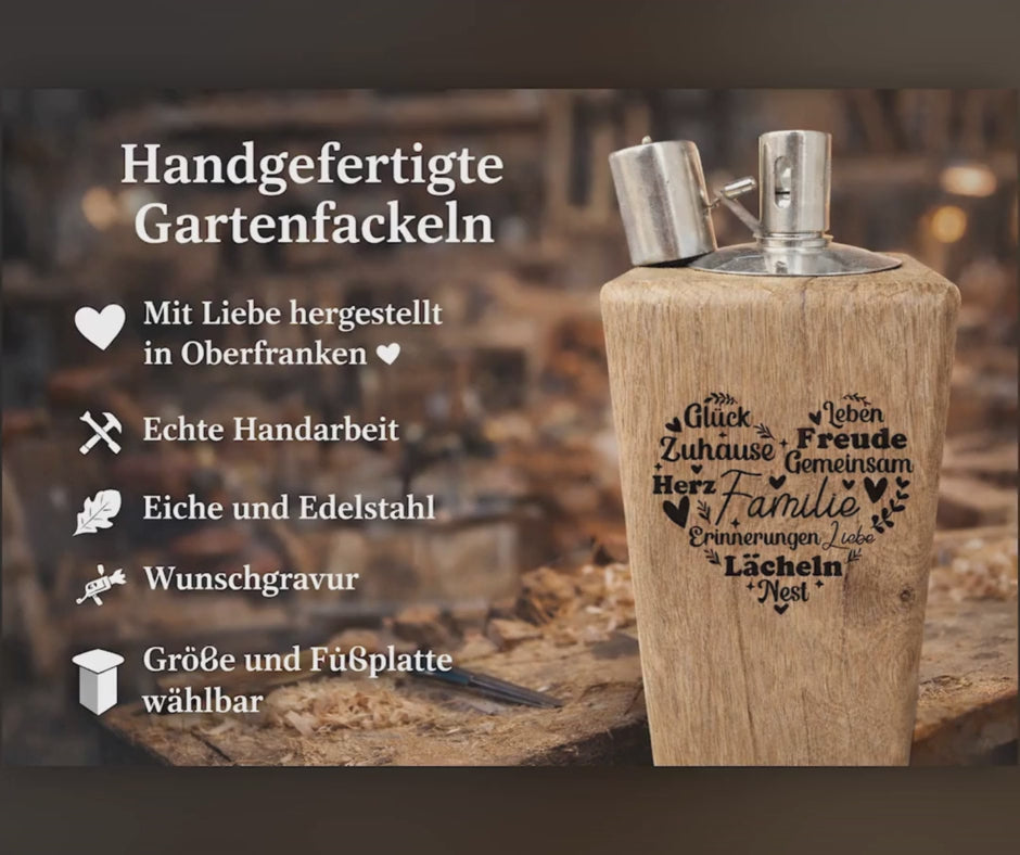Video laden: Gartenfackel aus Eiche – 20 cm – Motiv: Sprüche